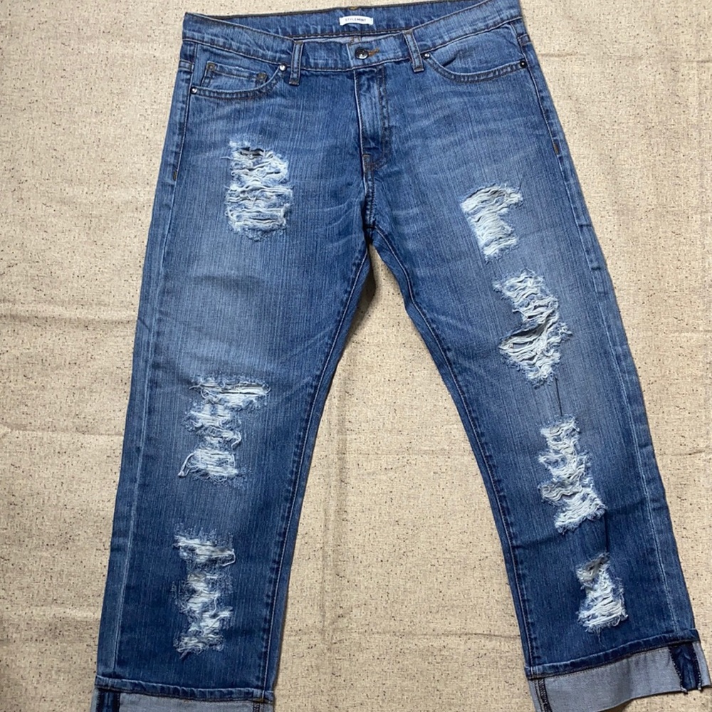 - - Stylemint Factory Distressed Blue Denim Cuffed Capri Ankle Jeans